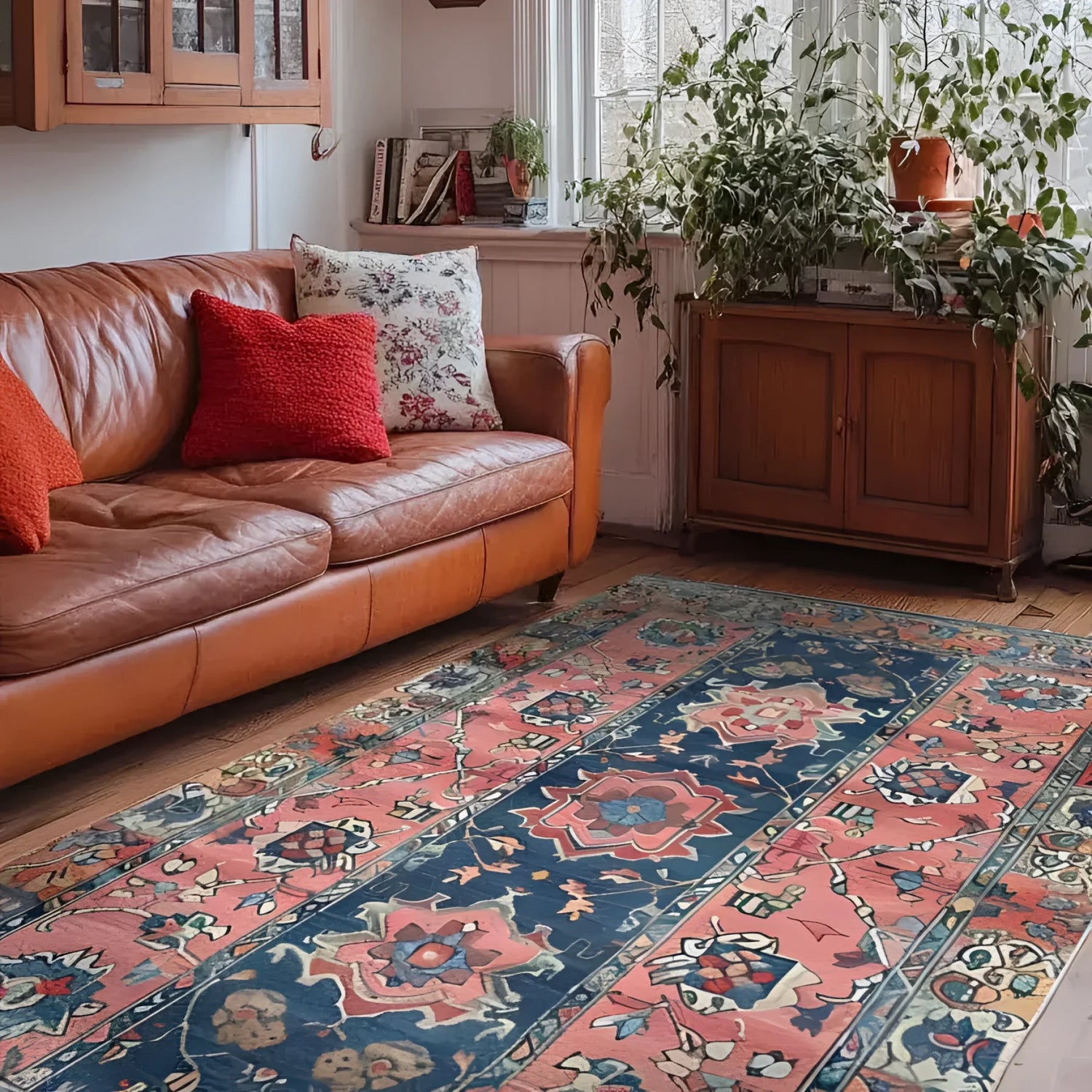 Beautifully vibrant Autumnal Elegance Hand Knotted Area Rug in a cozy living room setting. This exquisite Persian-style vintage rug features intricate patterns in rich autumn hues, perfect for enhancing any living room space.