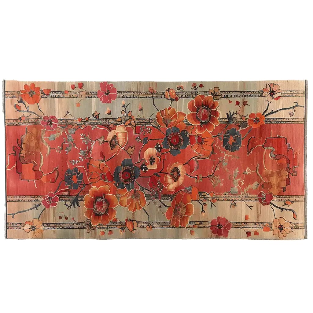 Top view of the Autumn's Embrace Knotted Wool Rug showcasing a vibrant floral design with rich autumn colors like red, orange, and cream. This area rug brings a warm and inviting touch to any room.