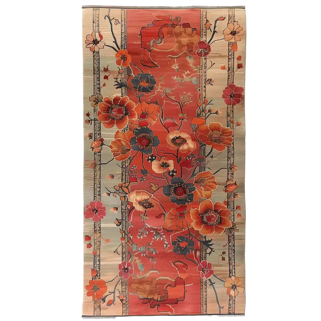 Top view of the Autumn's Embrace Knotted Wool Rug, featuring a vibrant floral design in warm autumn colors. This area rug showcases intricate patterns of red, orange, and beige flowers against a neutral backdrop, perfect for adding a touch of elegance to any room.