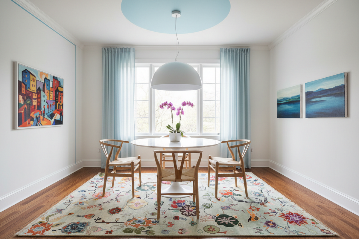 Dining room with a round table, chairs, and colorful floral rug on the walls.