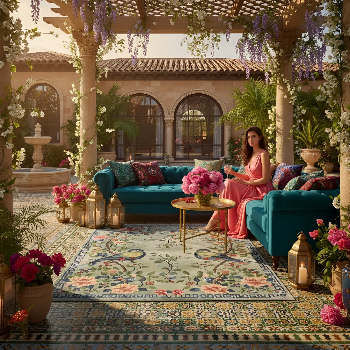Woman sitting on a teal sofa in a luxurious outdoor setting with a floral bird rug, flowers and lanterns.
