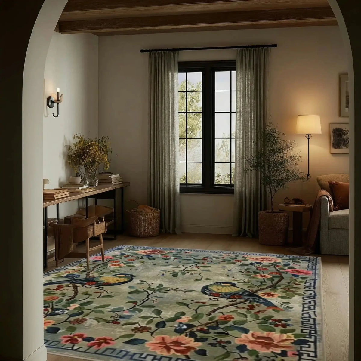 A beautifully designed Avian Serenade Hand Tufted Area Rug enhances a cozy living room setting. The rug, perfect for living room rugs 8x10, features a vibrant floral and bird pattern on a soft wool surface. Its intricate design adds warmth and charm, complementing the elegant decor with a soothing natural light from the window.