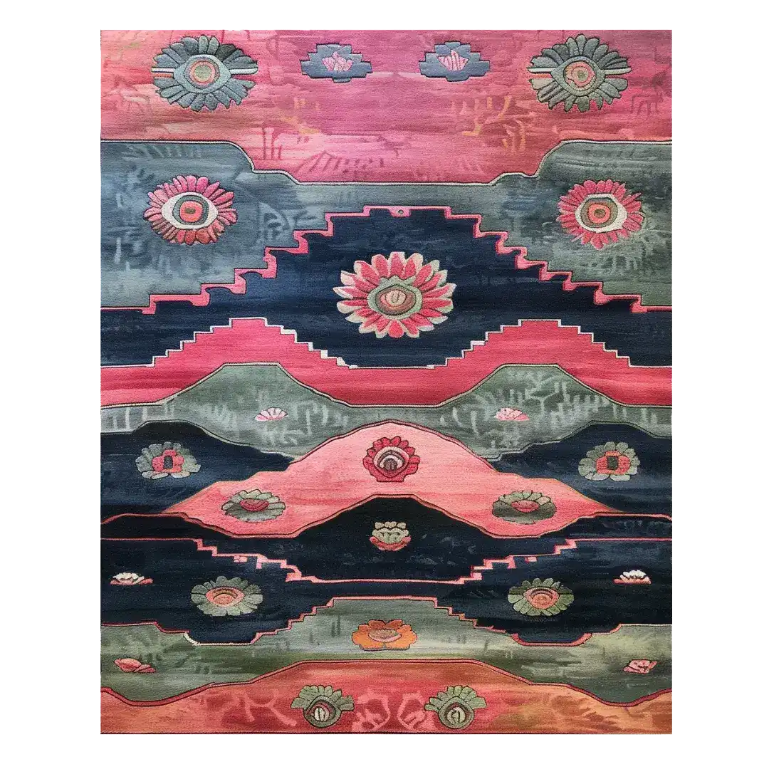 A vibrant Aztec Echoes Hand Tufted Area Rug featuring abstract geometric and floral patterns in rich hues of pink, blue, and green. Perfect for adding a touch of elegance to bedrooms or offices, this wool rug blends seamlessly with various decor styles, making it an ideal choice for bedroom rugs or office rugs.