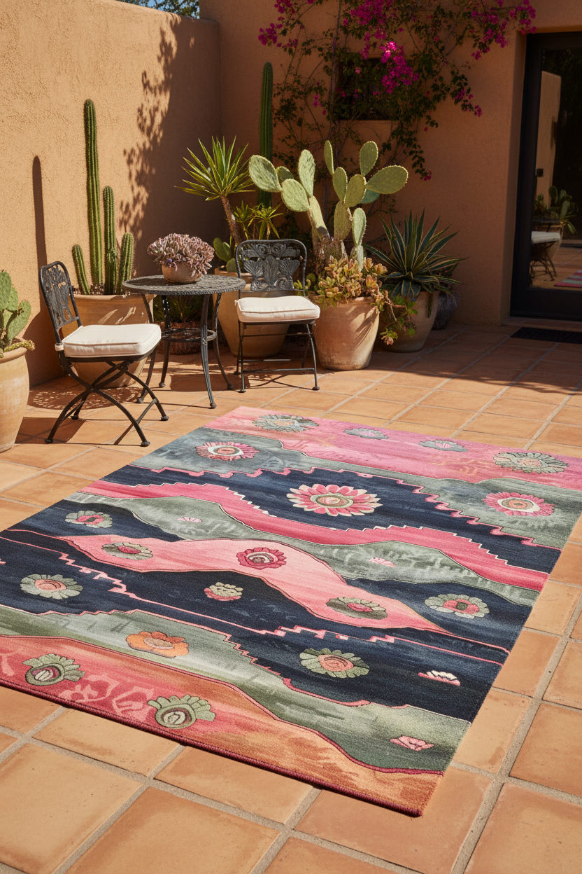 Decorative rug with floral patterns on a tiled patio with plants and furniture.