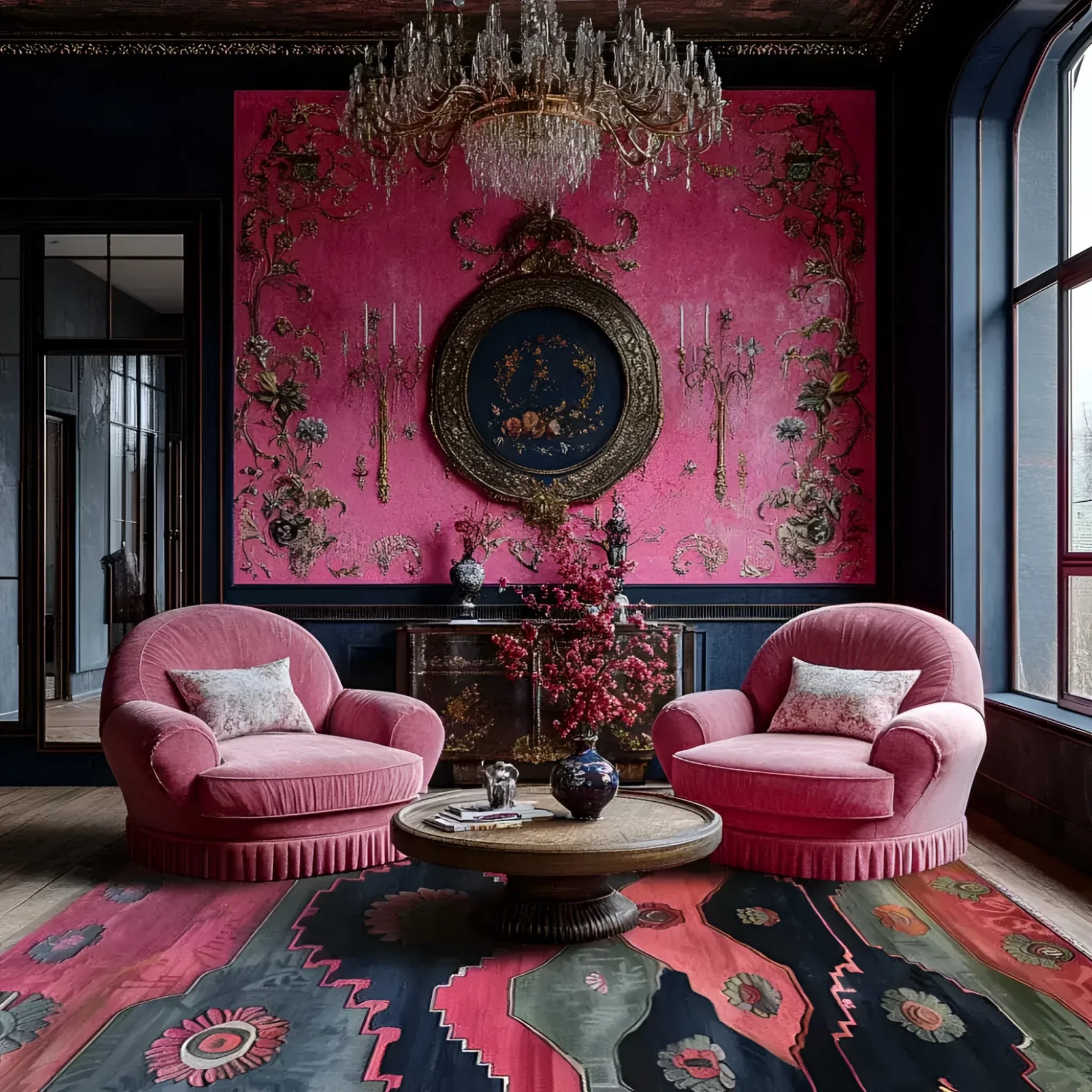 A luxurious living space featuring the Aztec Echoes Hand Tufted Area Rug. The vibrant wool rug, perfect for bedrooms or offices, showcases bold patterns in rich colors, complementing the elegant pink armchairs and opulent decor. A chandelier adds a touch of sophistication to the cozy setting, making it ideal for both bedroom and office rugs.