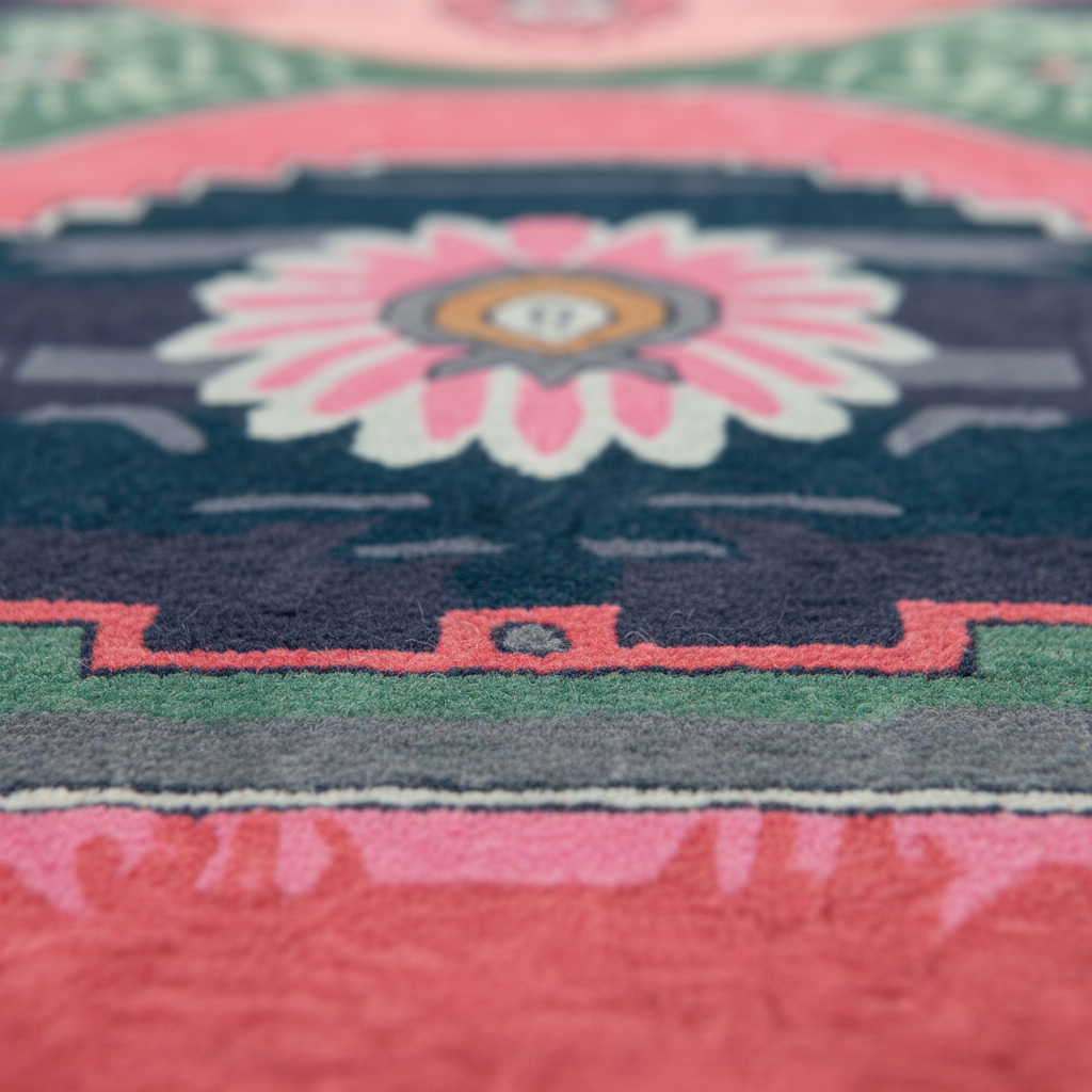 Close-up macro of Aztec Echoes Hand Tufted Rug showing large pink daisy medallion on navy blue with stepped geometric borders in salmon and green