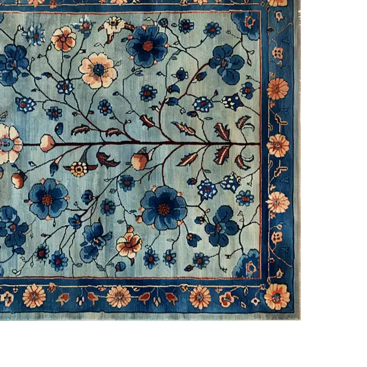 Top view of the Azure Eternal Knotted Wool Area Rug, showcasing an intricate floral pattern with rich blue and peach tones, surrounded by a detailed border.