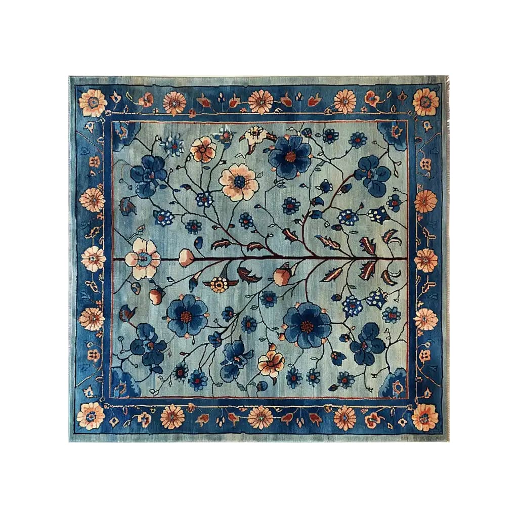 Beautiful Azure Eternal Knotted Wool Area Rug with intricate floral patterns in rich blue tones, featuring vibrant blossoms and delicate vines, perfect for adding elegance to any room.