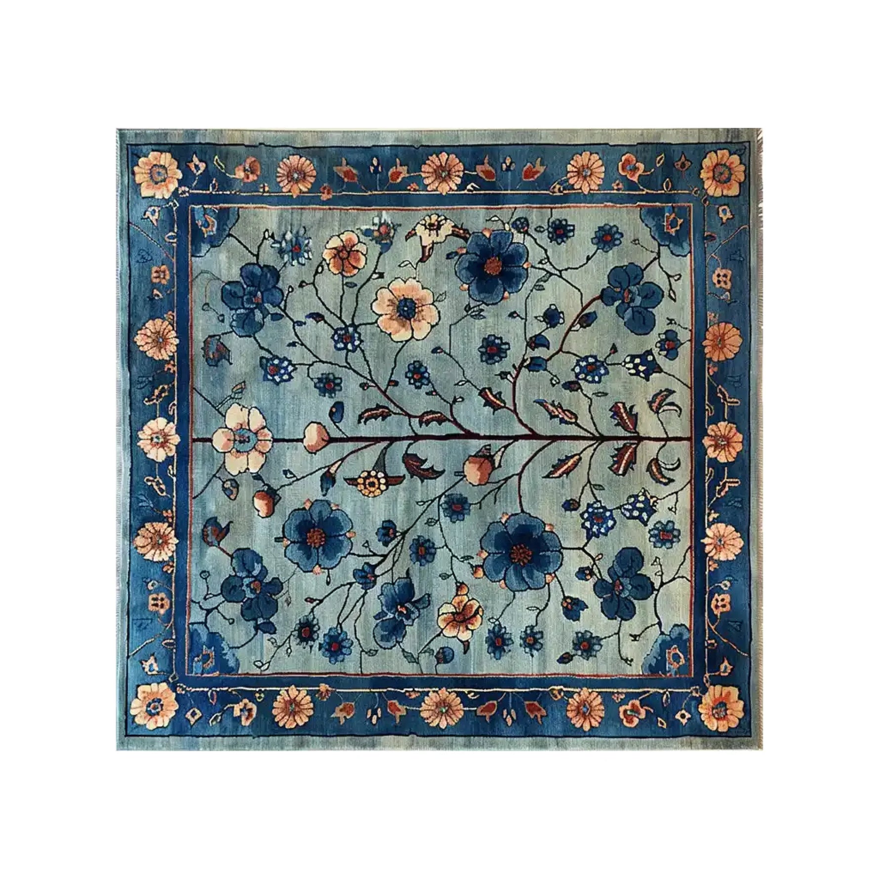 Beautiful Azure Eternal Knotted Wool Area Rug with intricate floral patterns in rich blue tones, featuring vibrant blossoms and delicate vines, perfect for adding elegance to any room.