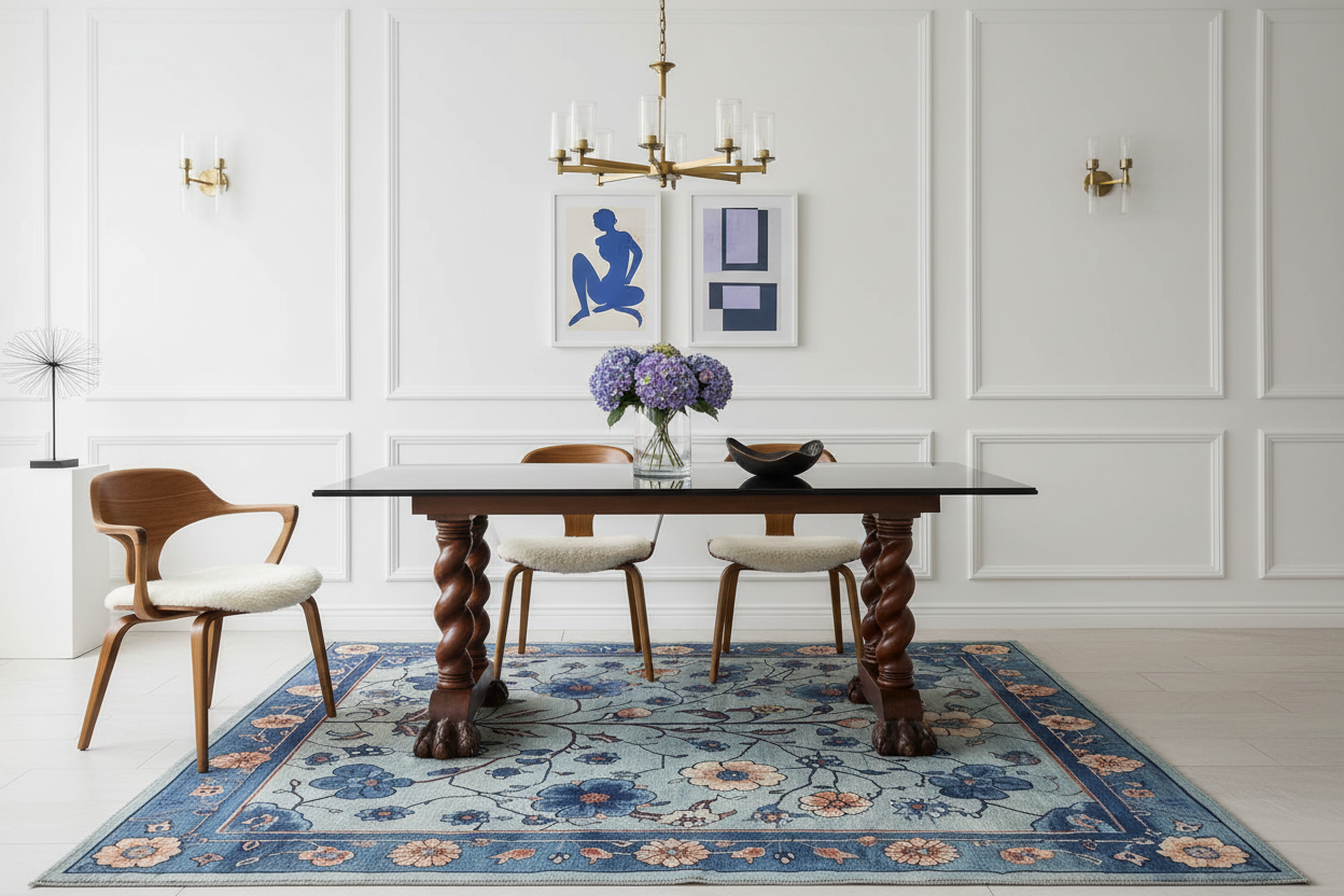 Dining room with a wooden table, chairs, and a blue floral rug.