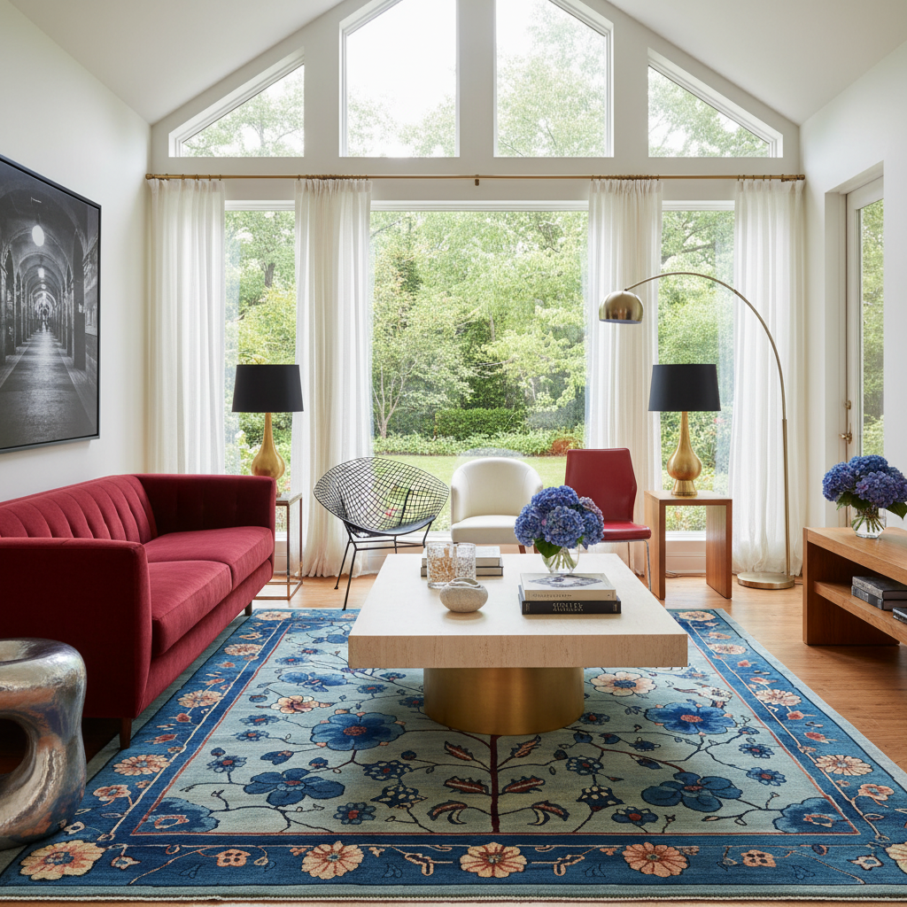 Modern living room with a blue floral rug, red sofa, and large windows.