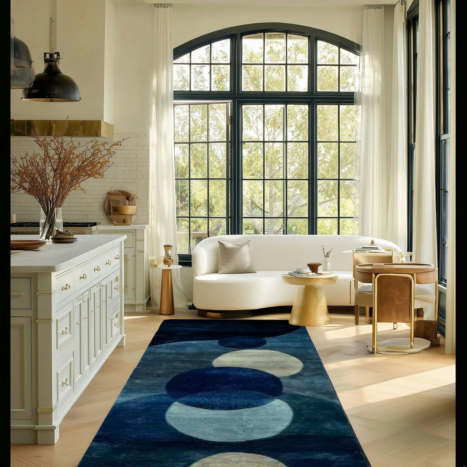 Navy wool runner with cream and blue orbs in a sunlit kitchen-lounge with an arched window and curved sofa
