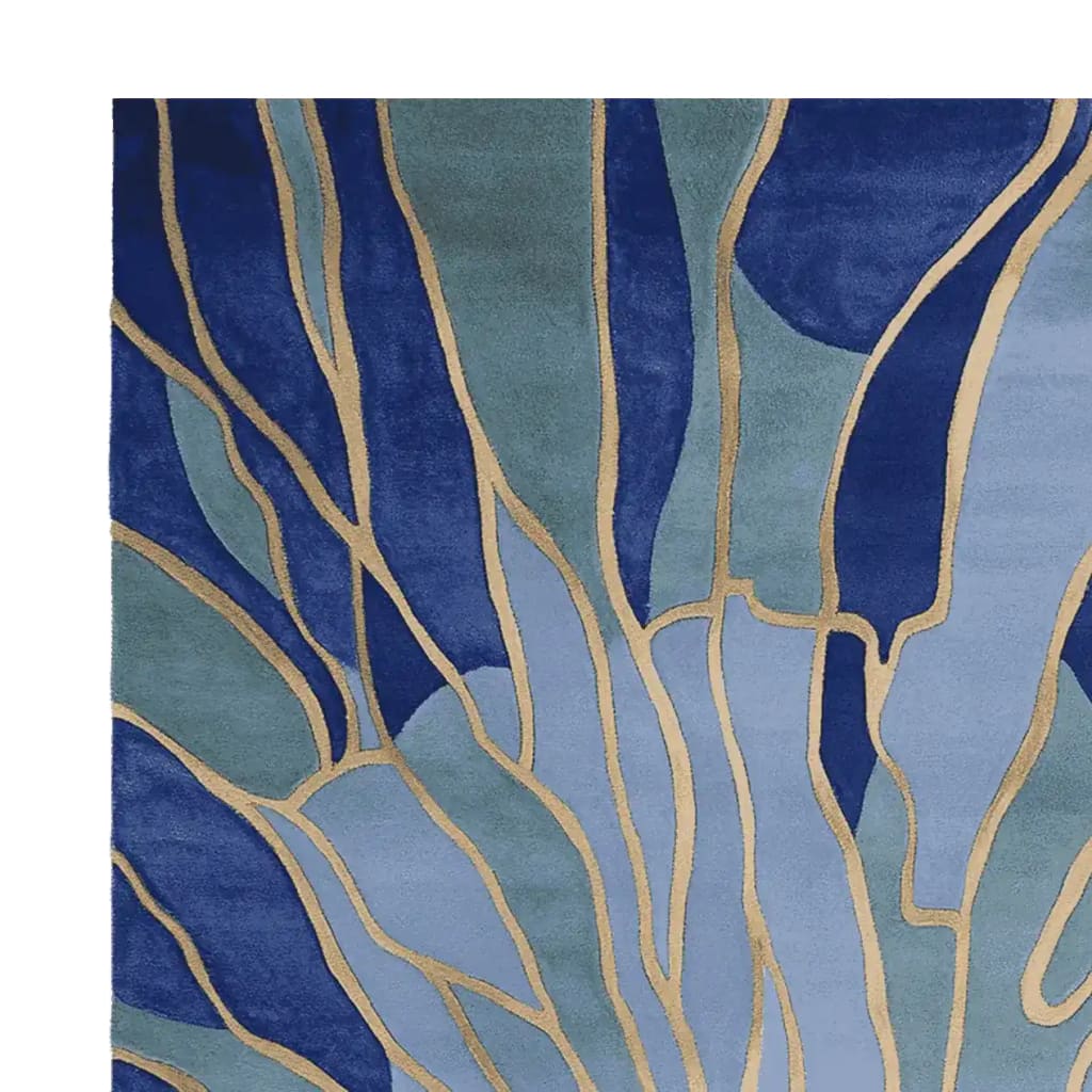 Top view of Azure Stained Glass Hand Tufted Area Rug, showcasing a contemporary design with shades of blue and green, perfect for large living room rugs. This wool rug features an abstract pattern ideal for area rugs for living room.
