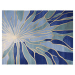 Top view of the Azure Stained Glass Hand Tufted Rug, featuring a stunning abstract design with flowing lines in shades of blue and gold. This contemporary wool rug is perfect for large living room spaces, offering a unique blend of style and comfort.