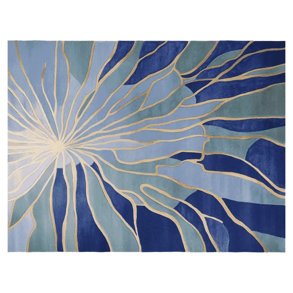 Top view of the Azure Stained Glass Hand Tufted Rug, featuring a stunning abstract design with flowing lines in shades of blue and gold. This contemporary wool rug is perfect for large living room spaces, offering a unique blend of style and comfort.