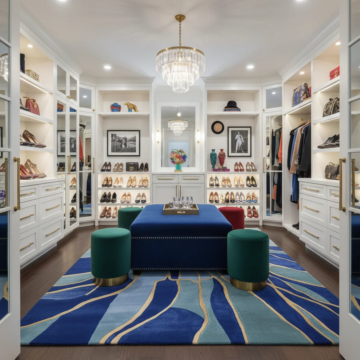 Luxurious walk-in closet with white shelves, blue ottoman, an abstract blue wool rug, and decorative items.