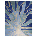 The Azure Stained Glass Hand Tufted Rug is a stunning area rug perfect for large living room spaces. This contemporary rug features a captivating design with flowing blue and teal hues, highlighted by intricate gold lines that radiate from the center, creating an abstract, artistic feel. Made from high-quality wool, this area rug for living rooms adds a touch of elegance and modern style to any space.