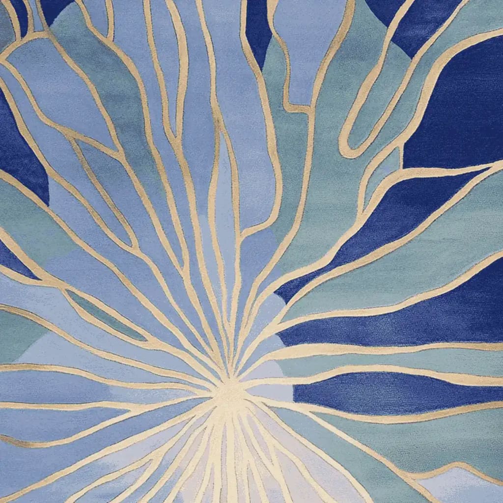 Top view of the Azure Stained Glass Hand Tufted Rug, showcasing an intricate abstract design in shades of blue and beige. This contemporary wool area rug is perfect for adding a touch of elegance to large living rooms.