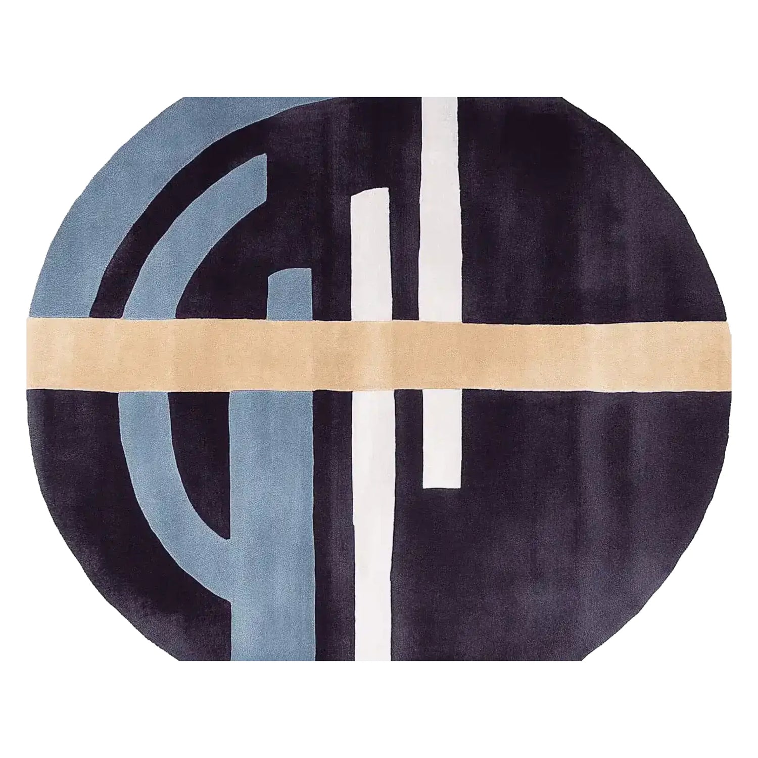 A stylish and contemporary round area rug featuring an abstract design in blue, black, and beige colors. This hand-tufted wool rug is perfect for adding a modern touch to living room spaces. Ideal for those seeking living room area rugs or an 8x10 wool rug to enhance their home decor.