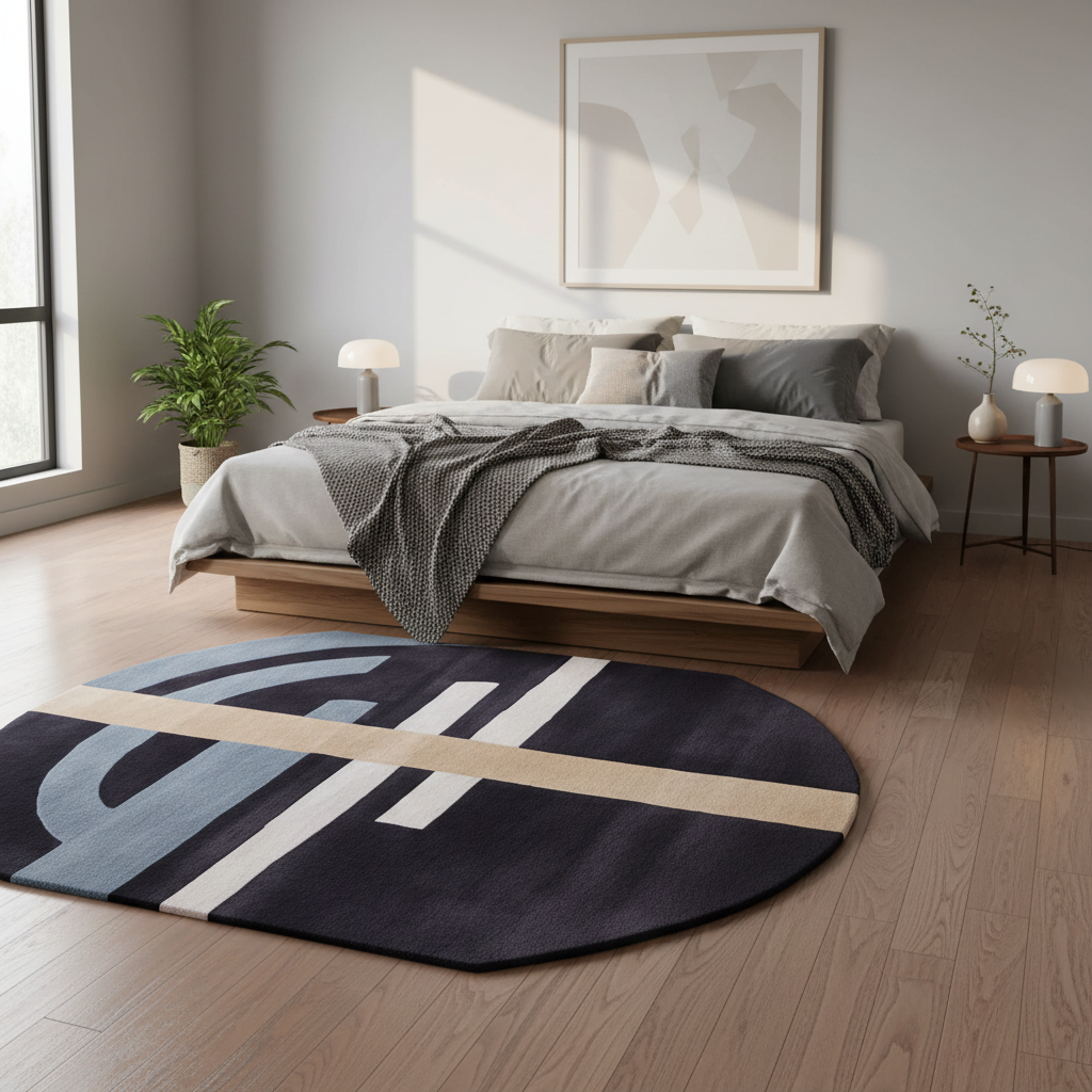 Modern bedroom with a round rug featuring geometric patterns.