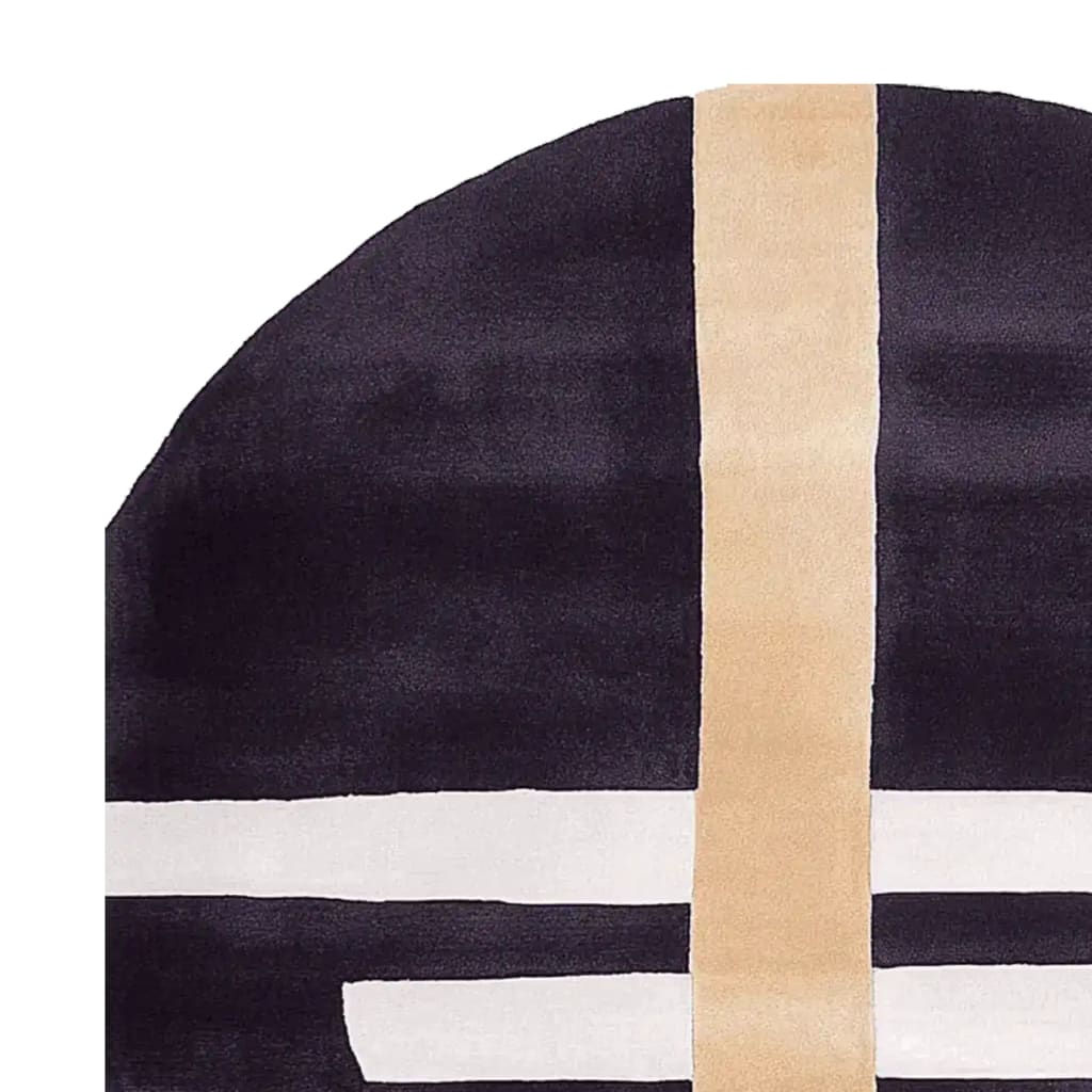 Top view of the Balance Wears Blue Hand Tufted Rug, showcasing its contemporary design with bold black and beige stripes. Perfect for adding a modern touch to any living space, this 8x10 wool area rug is ideal for living room decor.