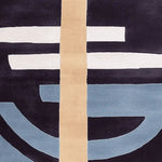 Top view of the Balance Wears Blue Hand Tufted Rug, a contemporary area rug featuring bold geometric patterns in shades of blue, beige, and white. Ideal for modern living room spaces, this wool rug measures 8x10, perfect for adding a stylish touch to your living room area.