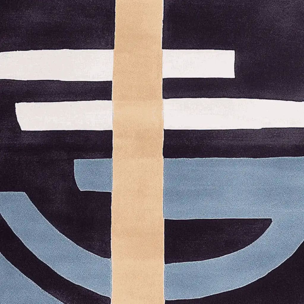 Top view of the Balance Wears Blue Hand Tufted Rug, a contemporary area rug featuring bold geometric patterns in shades of blue, beige, and white. Ideal for modern living room spaces, this wool rug measures 8x10, perfect for adding a stylish touch to your living room area.