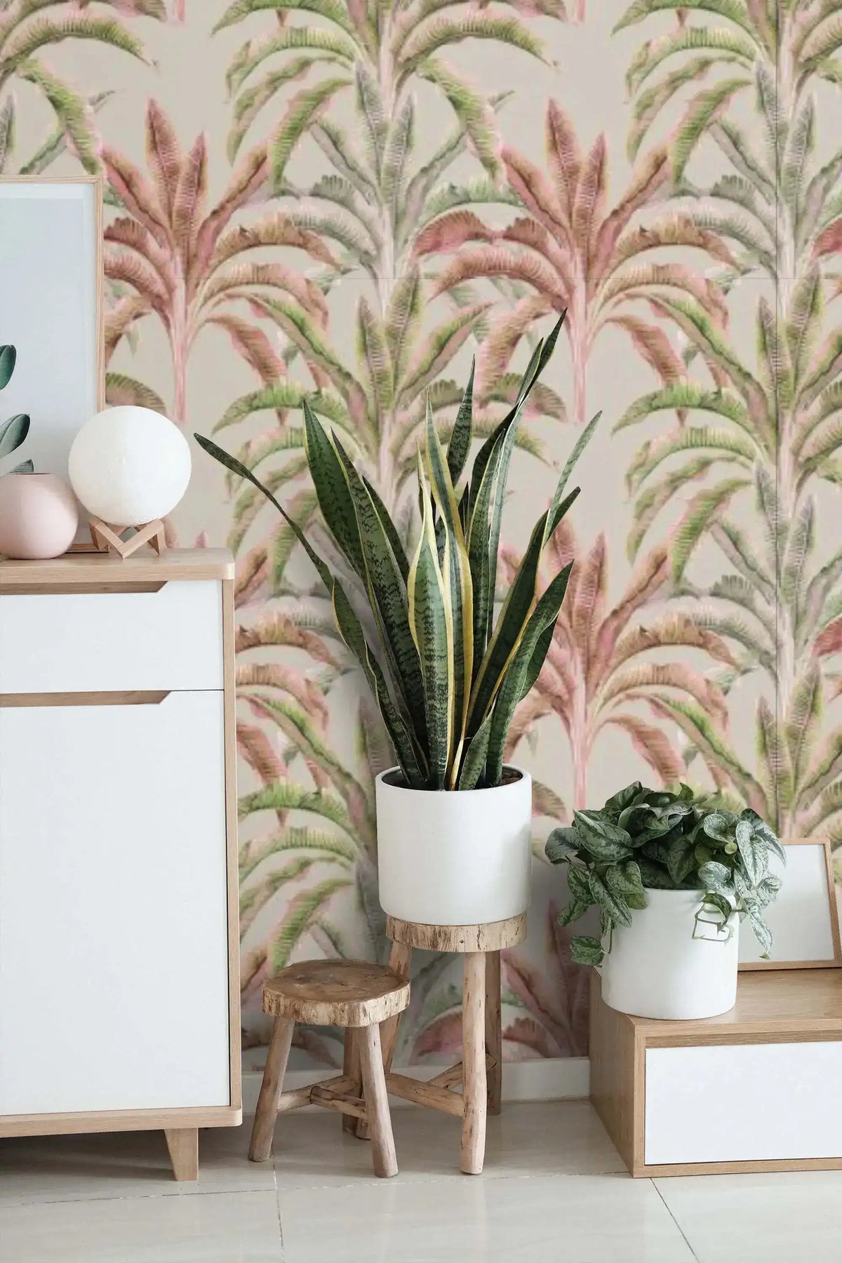 Banana grove wallpaper in pink and green leaf print behind a styled console with potted plants