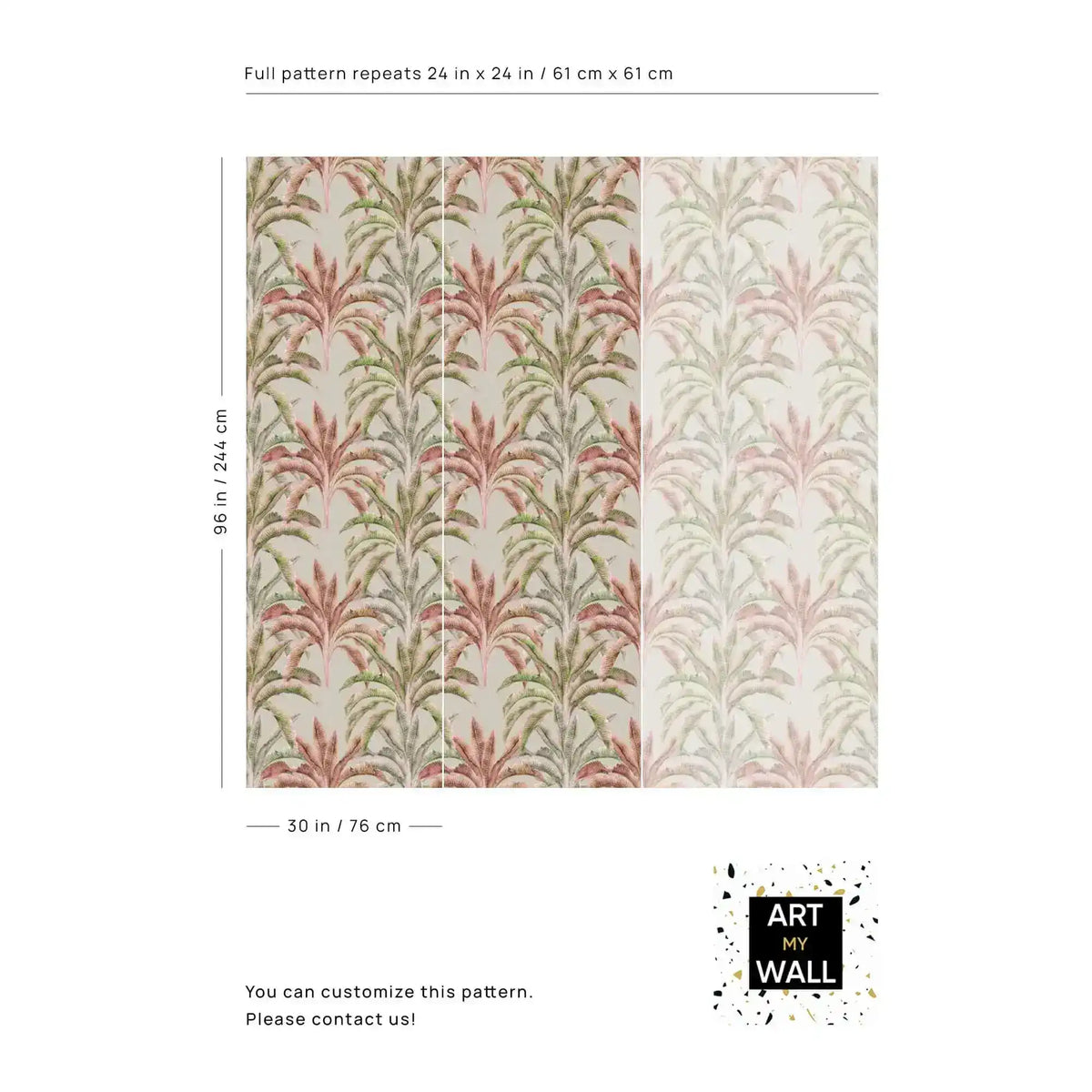 Banana grove wallpaper pattern repeat swatch showing pink and green palm leaves with size dimensions