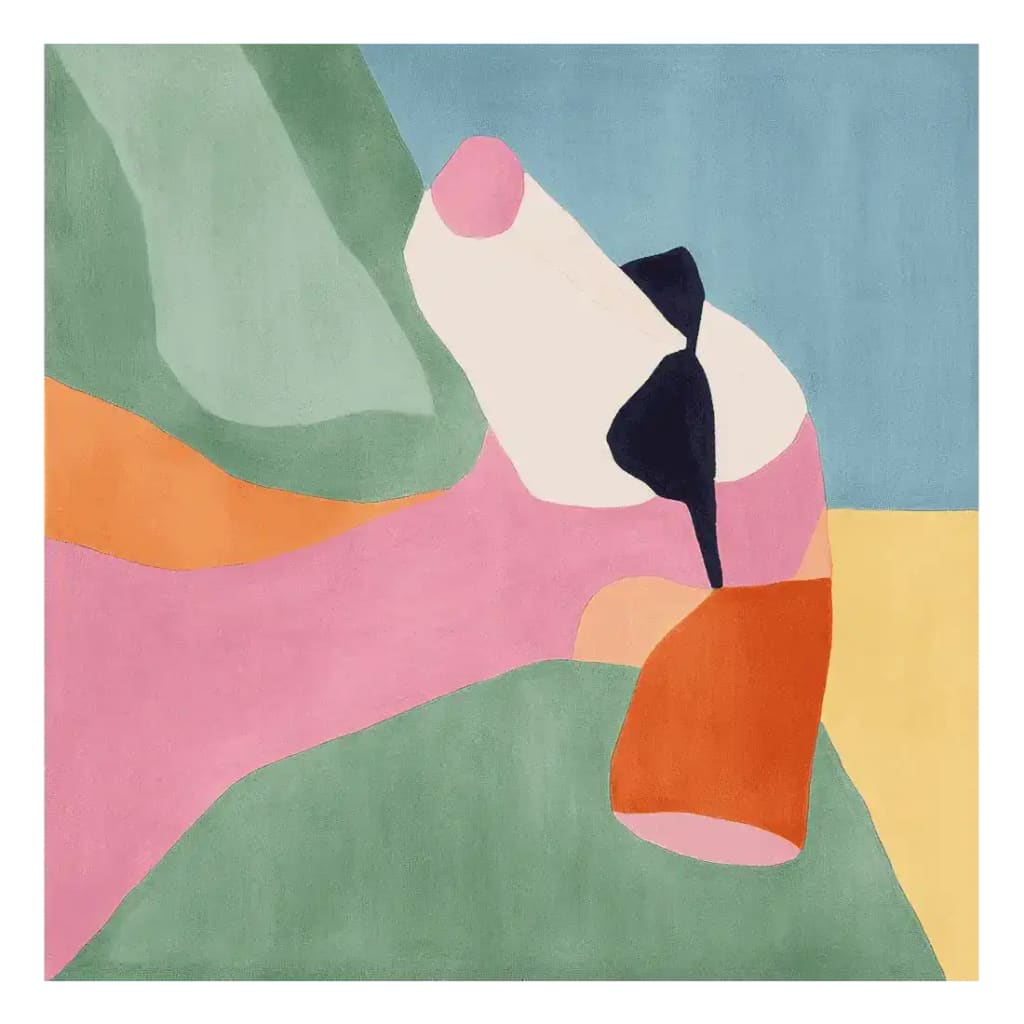 Contemporary hand tufted wool area rug with an abstract design featuring bold colors like pink, green, blue, orange, and black. This square rug is perfect for adding a modern touch to living room spaces. Ideal for those looking for an 8x10 living room area rug that combines style with comfort.