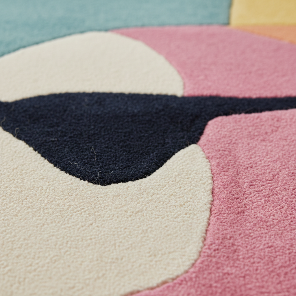 Close-up of a colorful geometric rug with pink, blue, and black shapes.