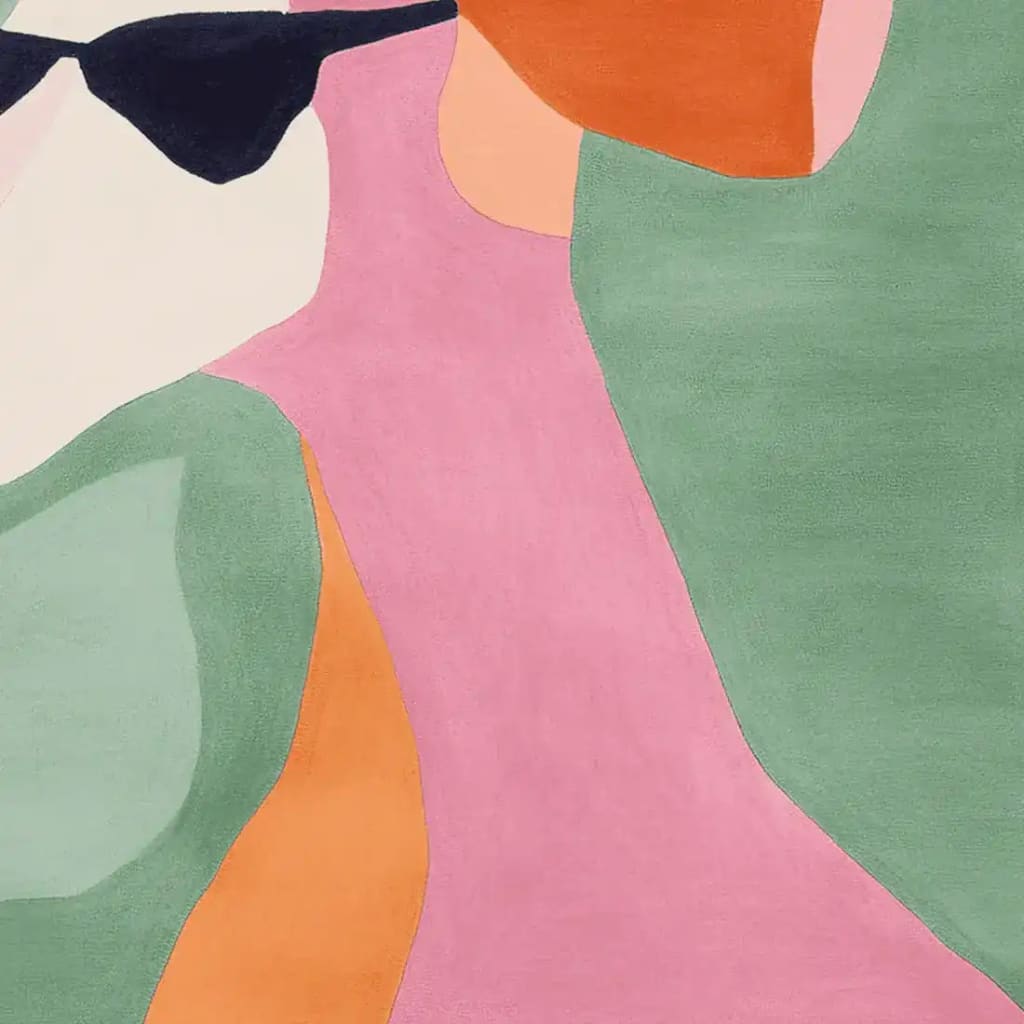 A contemporary hand-tufted area rug featuring an abstract design in vibrant shades of pink, green, orange, and black. This square wool rug is ideal for adding a pop of color to living room area rugs, available in an 8x10 size.