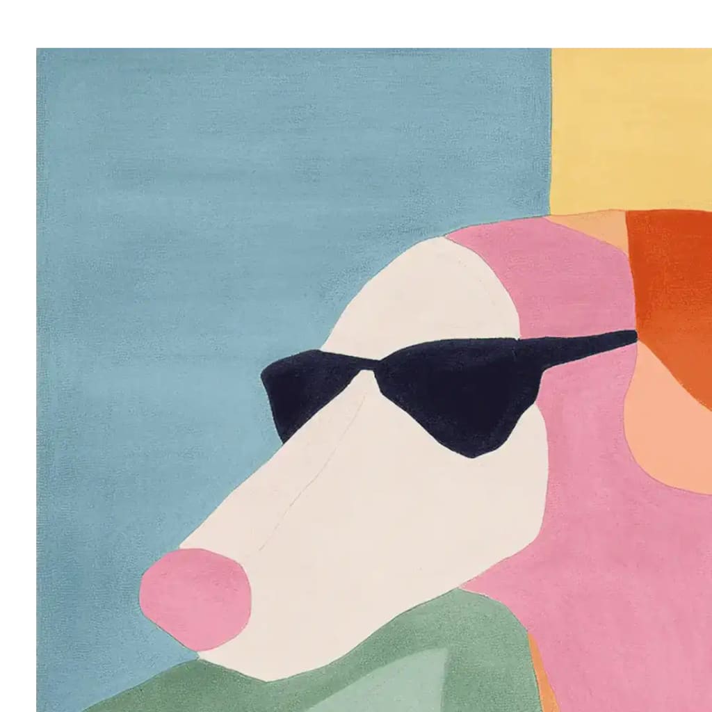 A vibrant, hand-tufted area rug featuring an abstract design of a dog wearing sunglasses. This contemporary wool rug showcases bold colors like blue, pink, and orange, perfect for adding a playful touch to living room area rugs. Ideal for those seeking a unique square area rug for their space.