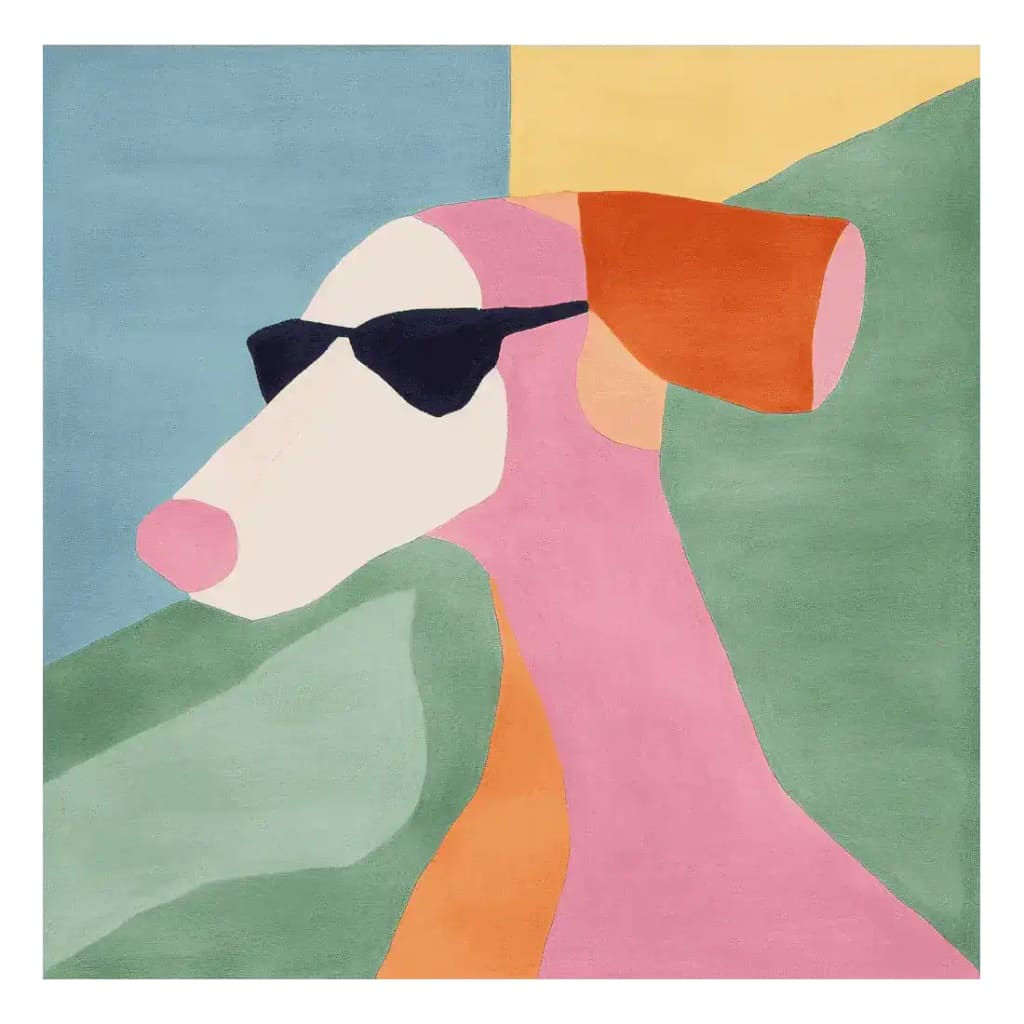 This vibrant hand-tufted area rug features an abstract design with a whimsical dog wearing sunglasses, perfect for adding a contemporary touch to your living room. Ideal as a square rug or living room area rug, this wool piece combines playful colors with modern style, making it suitable for living room rugs 8x10.