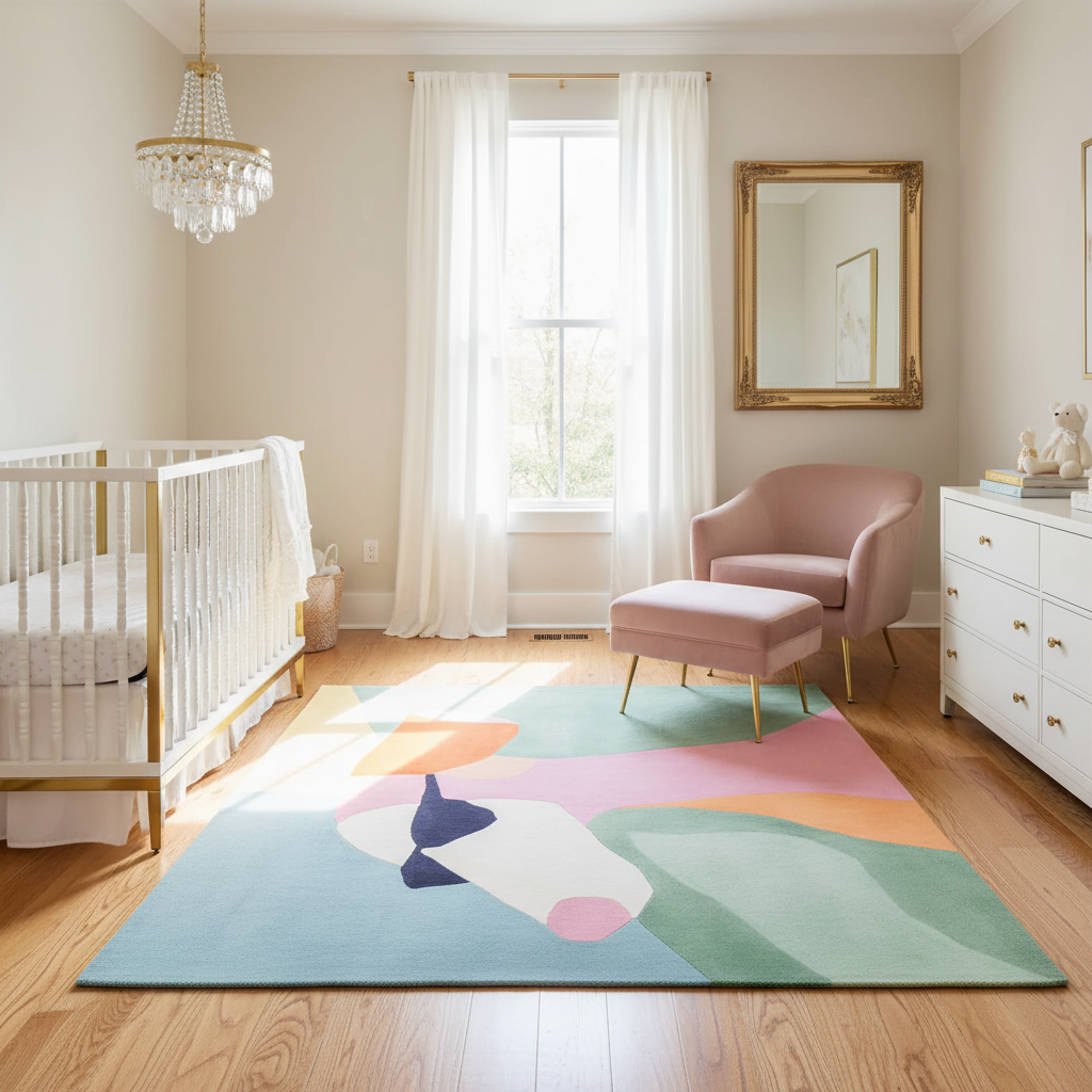 Nursery room with a colorful rug, pink chair, and white crib.
