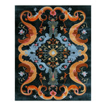 Elegant Baroque Brilliance Hand Tufted Wool Area Rug featuring intricate floral and scroll patterns in vibrant shades of orange, blue, and gold against a dark background. Perfect for adding a touch of sophistication to any room.