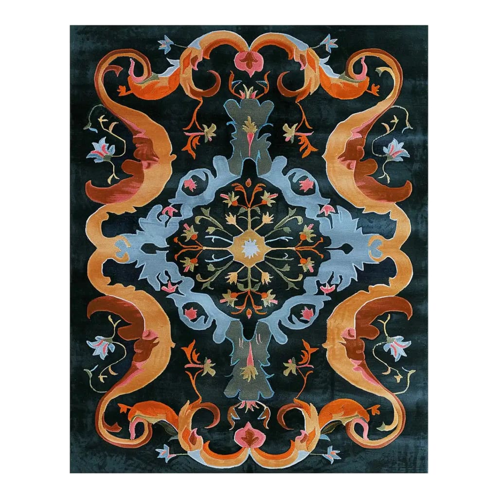 Elegant Baroque Brilliance Hand Tufted Wool Area Rug featuring intricate floral and scroll patterns in vibrant shades of orange, blue, and gold against a dark background. Perfect for adding a touch of sophistication to any room.