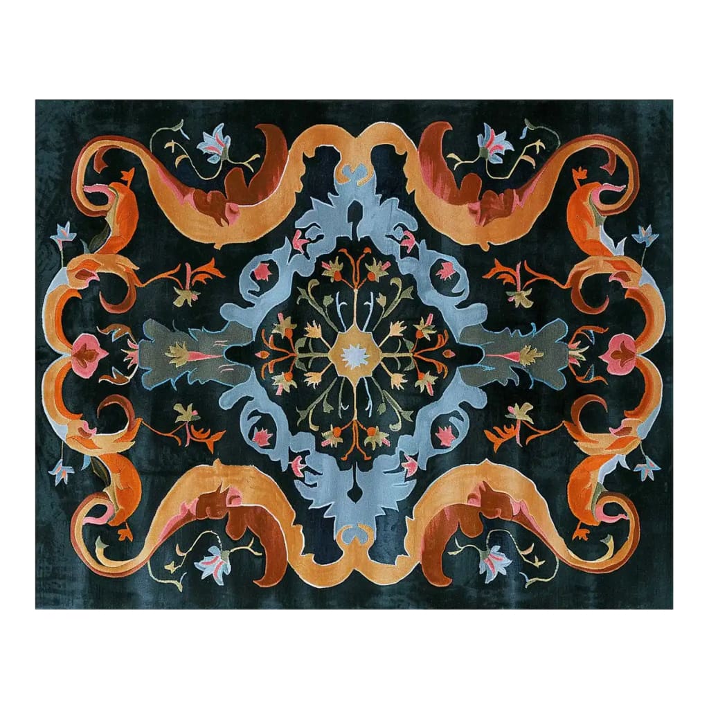 Vibrant Baroque Brilliance Hand Tufted Wool Area Rug featuring ornate patterns with rich colors including orange, blue, and black, viewed from the top.