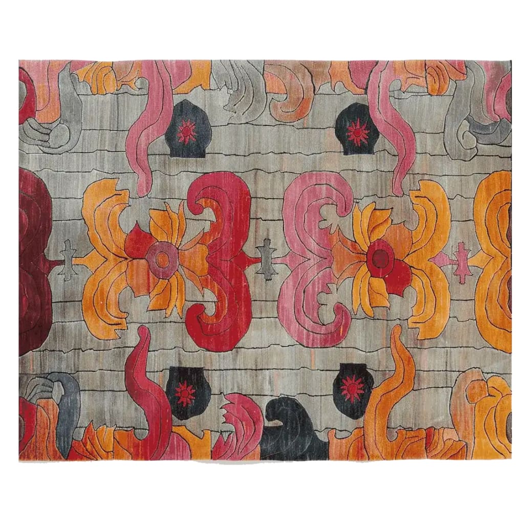 Vibrant Baroque Fire Bloom Hand Tufted Area Rug featuring intricate floral patterns in red, orange, and pink hues on a neutral background. The bold and artistic design adds a touch of elegance and warmth to any room.