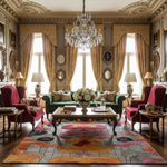 Luxurious living room with ornate decor, including a colorful rug, chandelier, green sofa, and red armchairs.