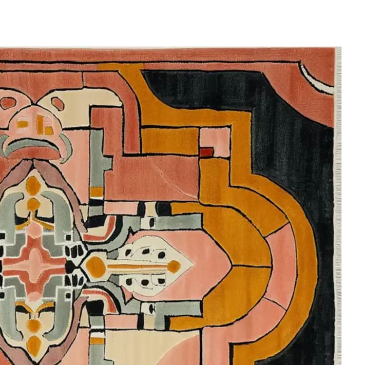 Top view of the Bauhaus Boldness Hand Tufted Wool Area Rug showcasing its intricate abstract design with bold geometric patterns in earthy tones of orange, black, and pink.