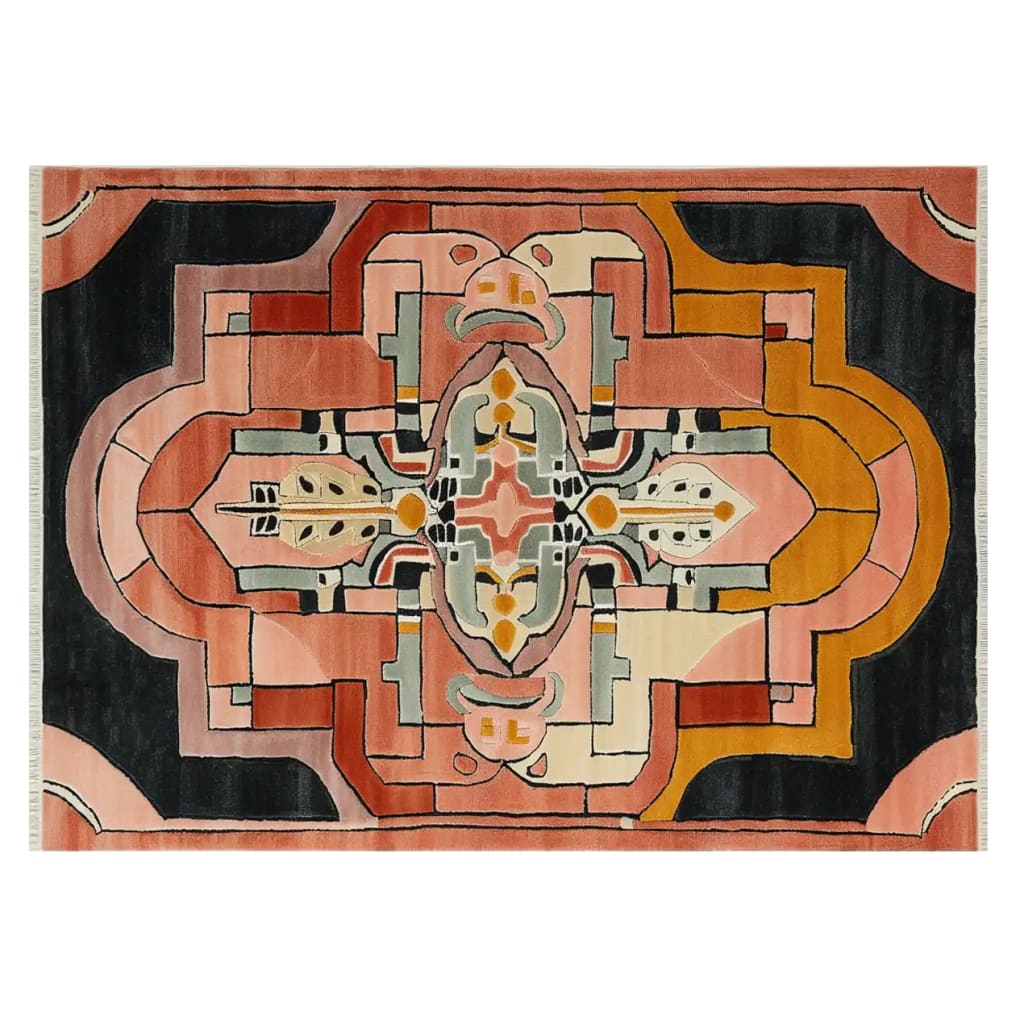 A vibrant, hand-tufted wool area rug featuring an abstract design with bold geometric patterns in warm shades of orange, red, and black, inspired by Bauhaus art. The intricate symmetrical pattern adds a touch of artistic flair to any room.