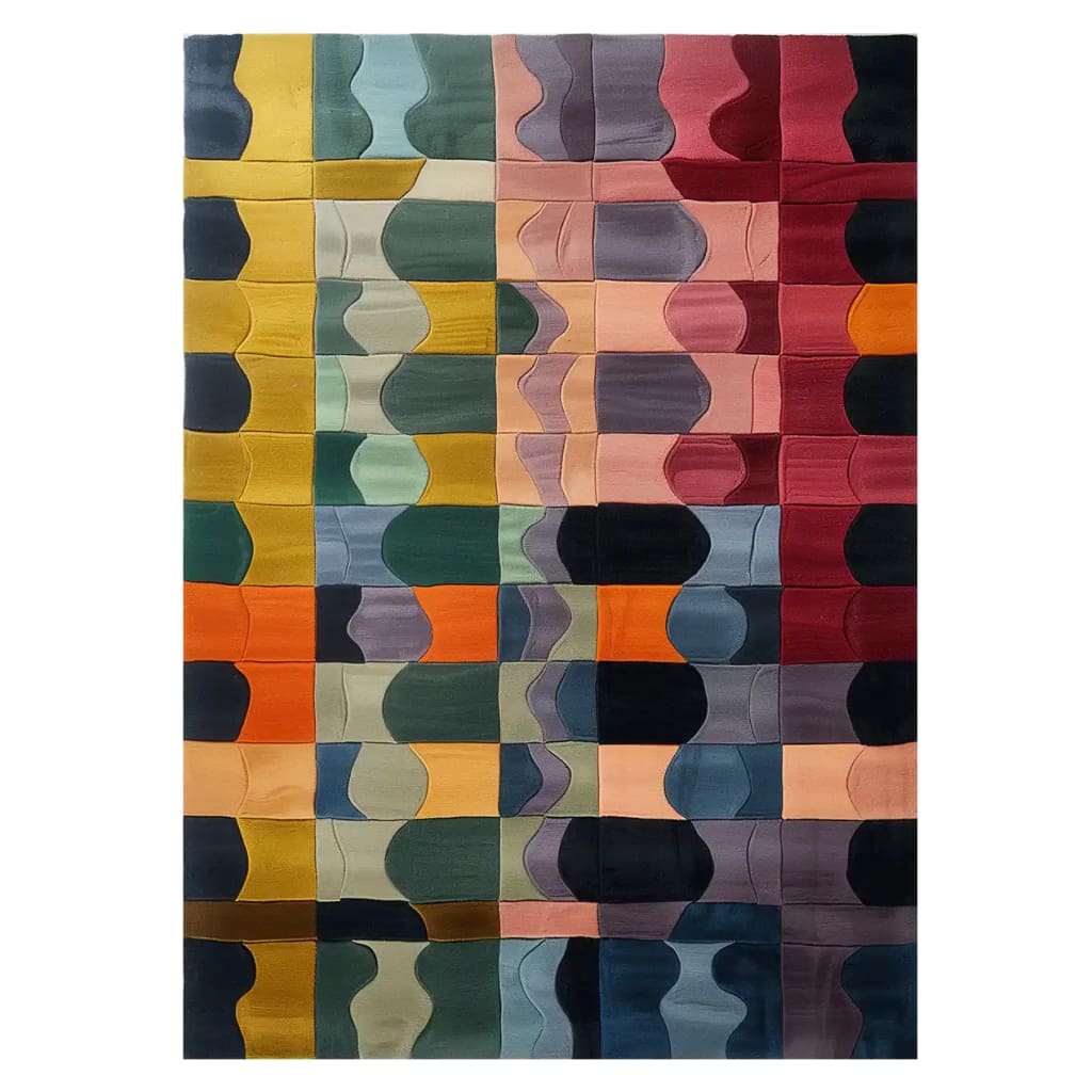 This vibrant Bauhaus Patchwork Hand Tufted Wool Rug showcases a stunning array of bold, abstract patterns in a colorful palette. The area rug features a harmonious blend of geometric shapes and curves in shades of red, yellow, green, and blue, adding a modern artistic touch to any room.
