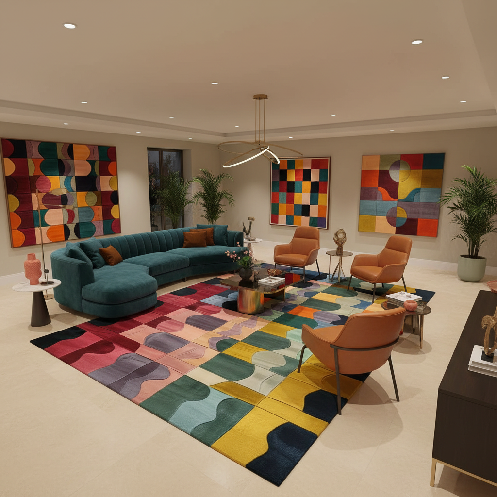 This vibrant Bauhaus Patchwork Hand Tufted Wool Rug showcases a stunning array of bold, abstract patterns in a colorful palette. The area rug features a harmonious blend of geometric shapes and curves in shades of red, yellow, green, and blue, adding a modern artistic touch to any room. This is showcased in a living room matching art work.