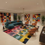 This vibrant Bauhaus Patchwork Hand Tufted Wool Rug showcases a stunning array of bold, abstract patterns in a colorful palette. The area rug features a harmonious blend of geometric shapes and curves in shades of red, yellow, green, and blue, adding a modern artistic touch to any room. This is showcased in a living room matching art work.