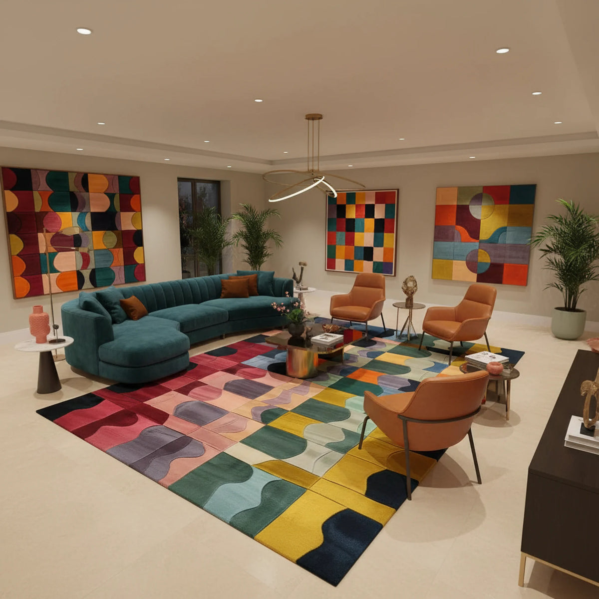 This vibrant Bauhaus Patchwork Hand Tufted Wool Rug showcases a stunning array of bold, abstract patterns in a colorful palette. The area rug features a harmonious blend of geometric shapes and curves in shades of red, yellow, green, and blue, adding a modern artistic touch to any room. This is showcased in a living room matching art work.