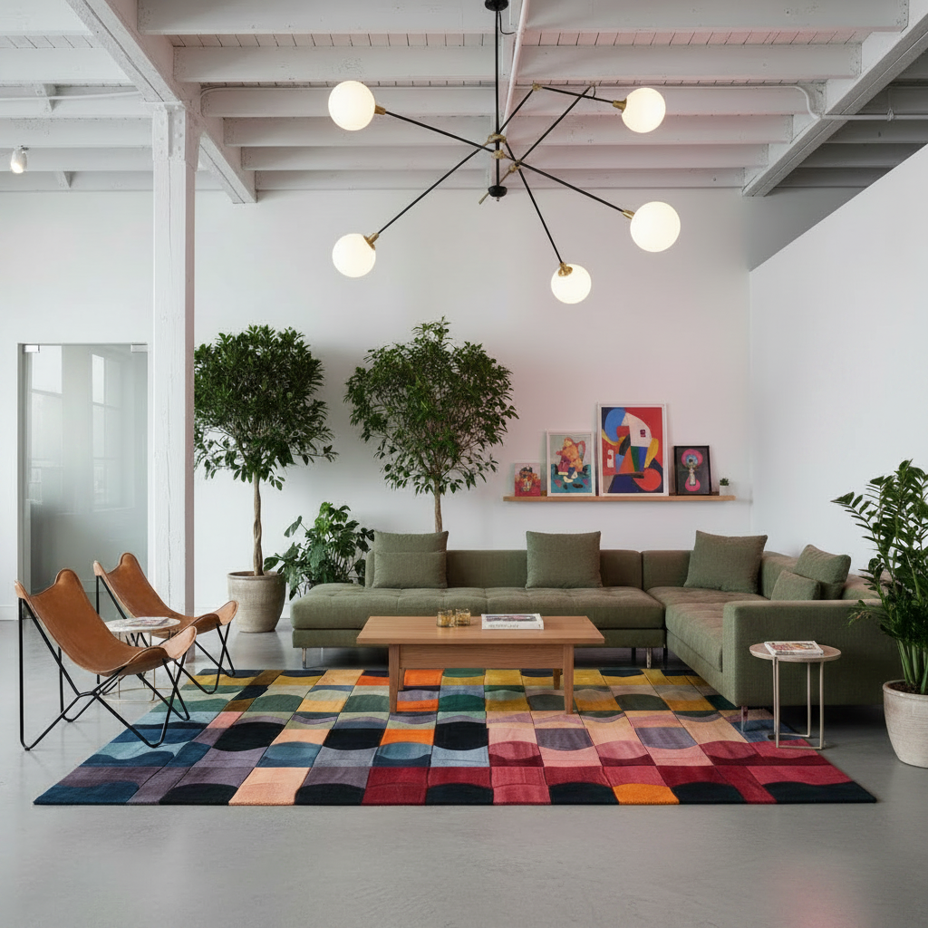 A modern living room with a large multicolor patchwork area rug, an olive green sectional sofa, two brown leather chairs, and potted trees, set in a bright room with white walls and exposed ceiling beams.