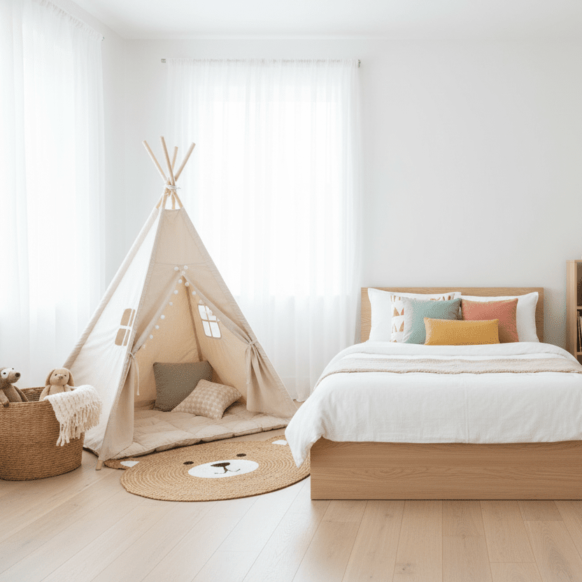 Children's bedroom with a bed, teepee, jute rug, and toys on a wooden floor.