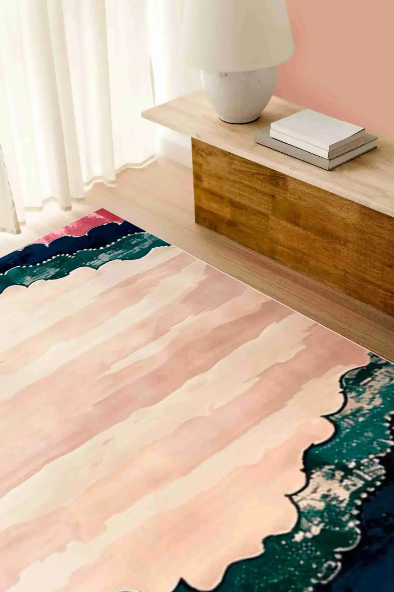 Beautiful Scalloped Garden Hand Tufted Area Rug in a contemporary living room setting. This wool rug features soft, scalloped edges with a unique blend of pink and teal tones, perfect for dining rooms or as a centerpiece in living room area rugs. Ideal for spaces needing an 8x10 contemporary touch.