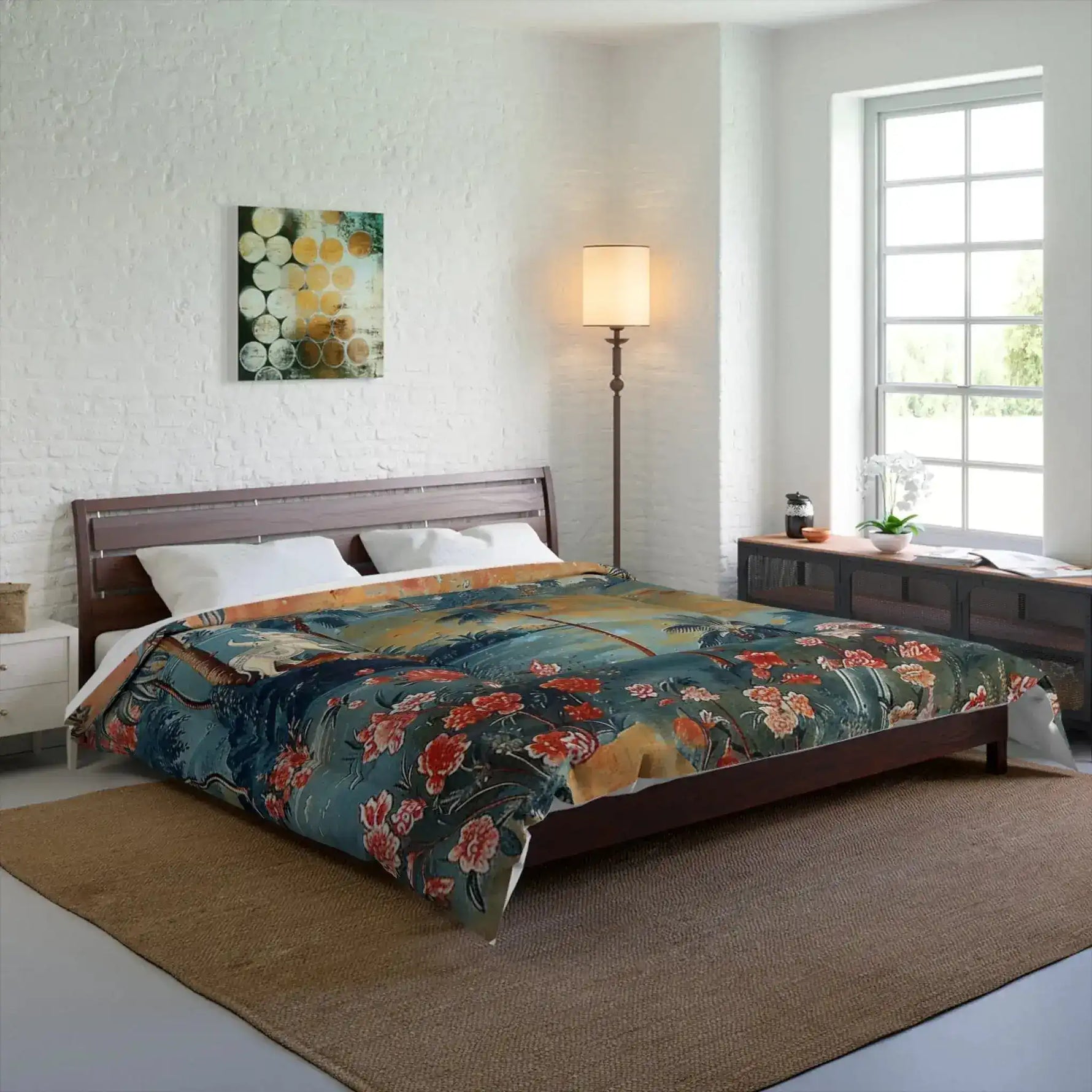 Bed dressed in the Cambodian Heritage comforter, teal print with coral florals and palms